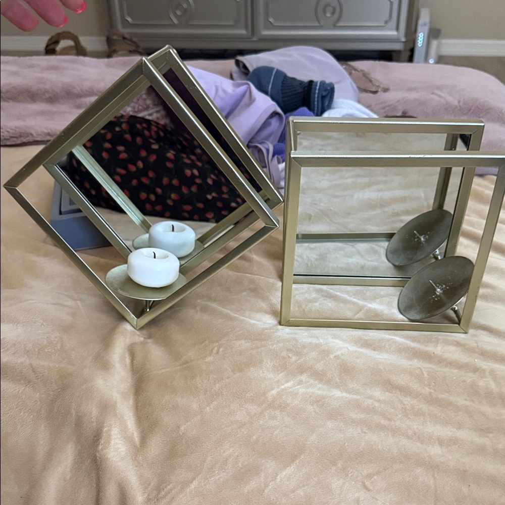 Gold Mirrored Square Candle Holders - Set of 2